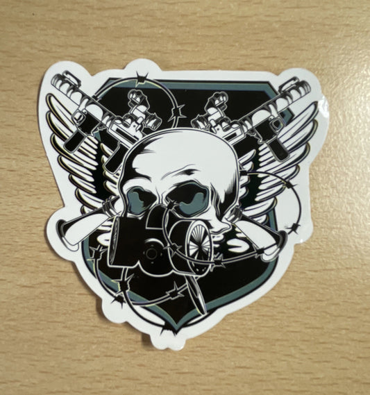 Skull wearing a gas mask on a shield Sticker